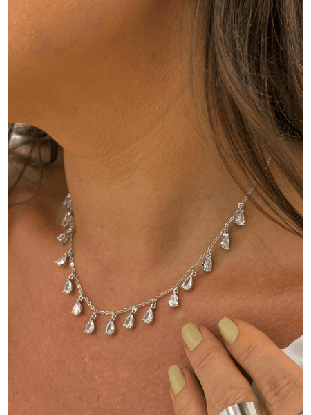 COLAR GOTAS CRISTAL CRAVEJADAS BANHADA A RÓDIO BRANCO 