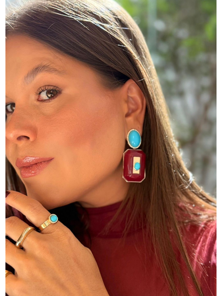 BRINCO CHAPAS BOHO RED CHERRY E TURQUESA BANHADO A OURO - Dri Ferreira Semi Joias