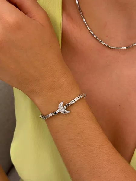 PULSEIRA CANUTILHOS QUADRADOS E LUA CRAVEJADA BANHADA A RÓDIO BRANCO - Dri Ferreira Semi Joias