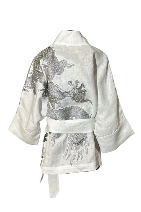 Kimono Yang Linho e Tule Rendado Branco Abraço Do ... - Bo Eugenia Bologna