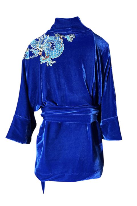 Kimono Jin Veludo Cristal Azul Vibrante Dragão Fo... - Bo Eugenia Bologna