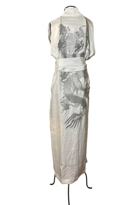 Kimono Yin Linho Branco Dragão Imperial Prata - 1... - Bo Eugenia Bologna