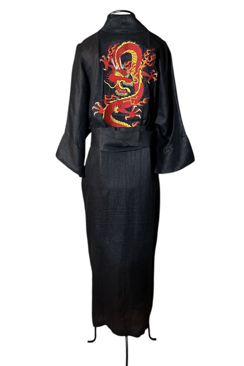 Kimono Yin-Yang Linho Preto Dragão da Meia Noite -... - Bo Eugenia Bologna