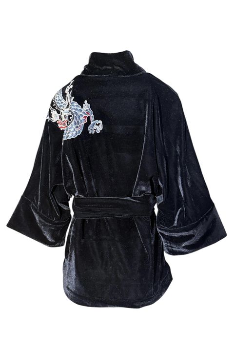 Kimono Jin Veludo Preto Dragão Folk2 Cinza - 184 - Bo Eugenia Bologna