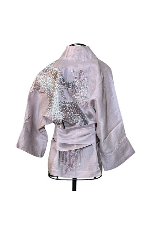 Kimono Yang Linho Rosa Vintage Abraço Do Dragão P... - Bo Eugenia Bologna