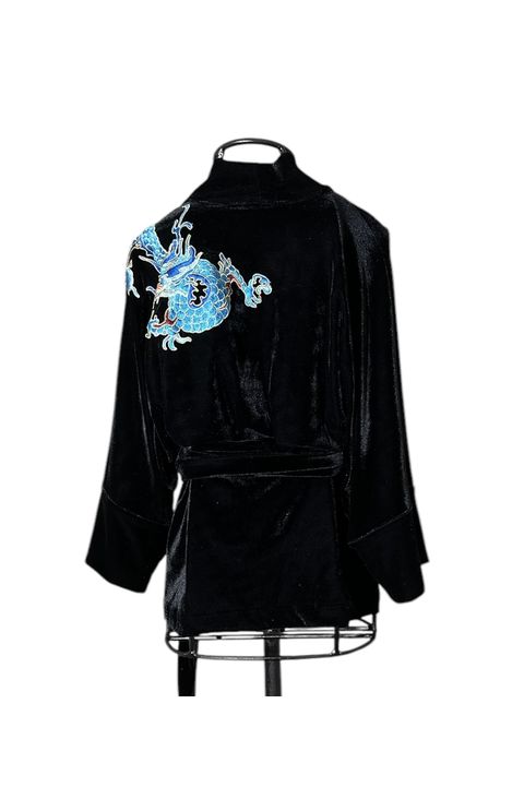 Kimono Jin Veludo Preto Dragão Folk2 Azul - 088 - Bo Eugenia Bologna
