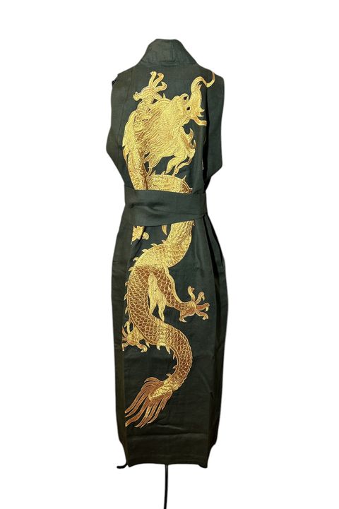Kimono Yin Linho Verde-Militar Dragão Ouro - 089 - Bo Eugenia Bologna