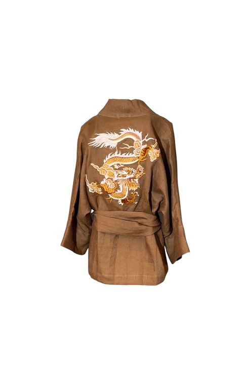 Kimono Yang Linho Capuccino Dragão Folk1 Caramelo... - Bo Eugenia Bologna