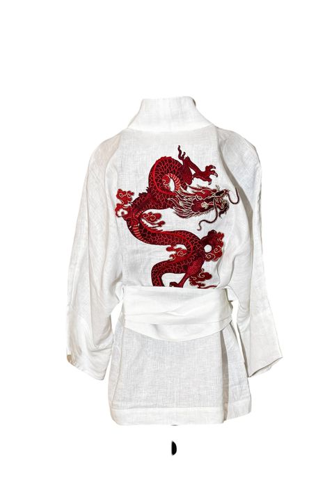 Kimono Yang Linho Off-White Dragão Gênesis Vermel... - Bo Eugenia Bologna