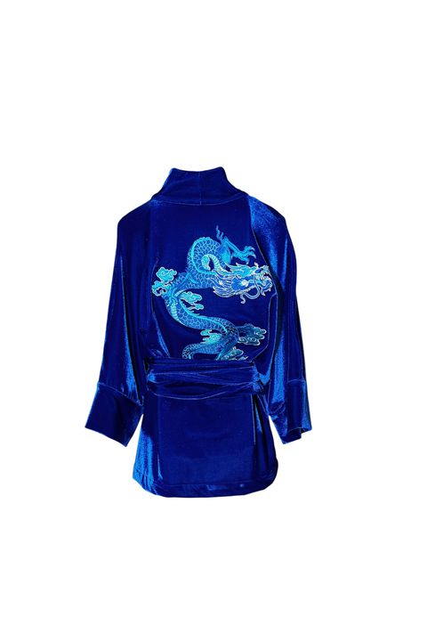 Kimono Jin Veludo Azul Royal Vibrante Dragão Gene... - Bo Eugenia Bologna