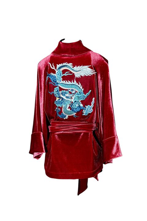 Kimono Jin Veludo MarsalaII Dragão Folk1 Aqua-Ros... - Bo Eugenia Bologna