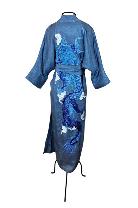 Kimono Yin-Yang Linho Denim Dragão Gigante Azul -... - Bo Eugenia Bologna