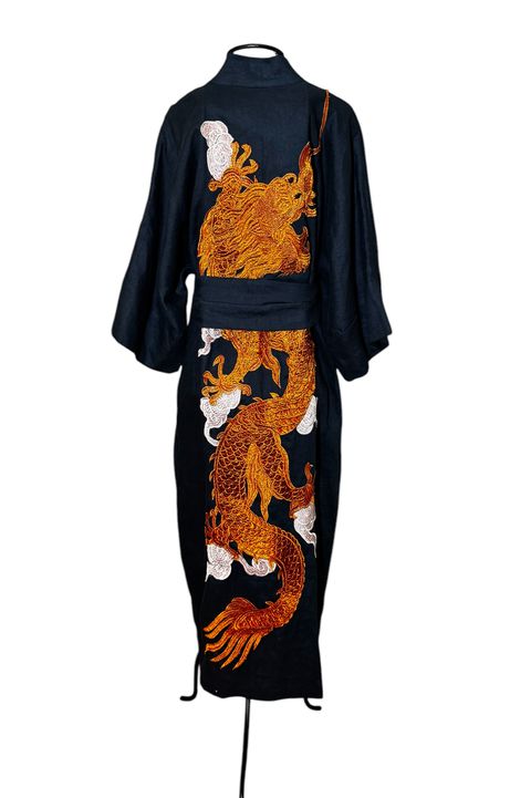Kimono Yin-Yang Linho Petróleo Dragão Gigante Co... - Bo Eugenia Bologna