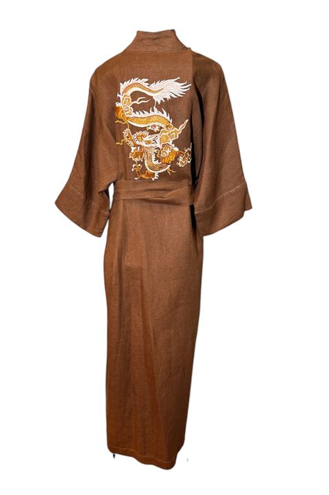 Kimono Yin-Yang Linho Capuccino Dragão Folk1 Cara... - Bo Eugenia Bologna