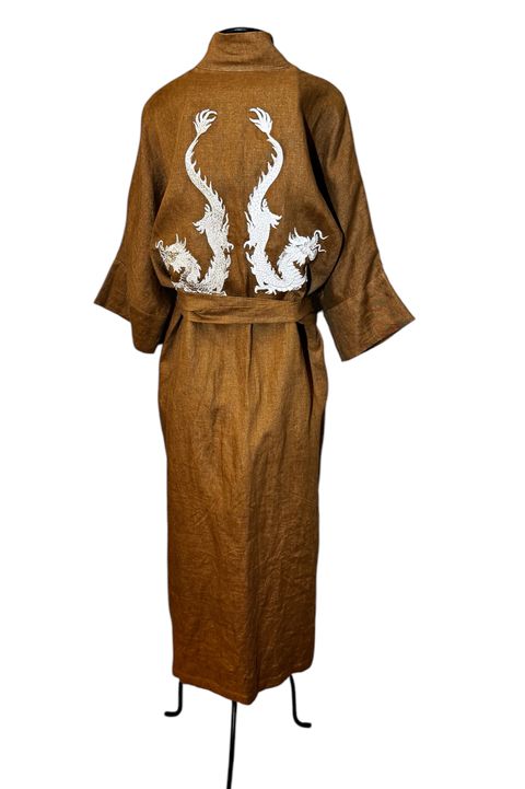Kimono Yin-Yang Linho Capuccino Dragões-do-Mar Br... - Bo Eugenia Bologna