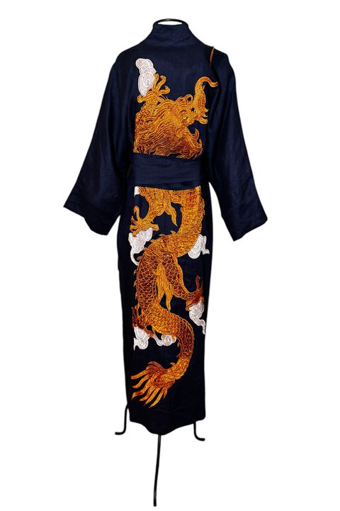 Kimono Yin-Yang Linho Azul-Marinho Dragão Gigante... - Bo Eugenia Bologna
