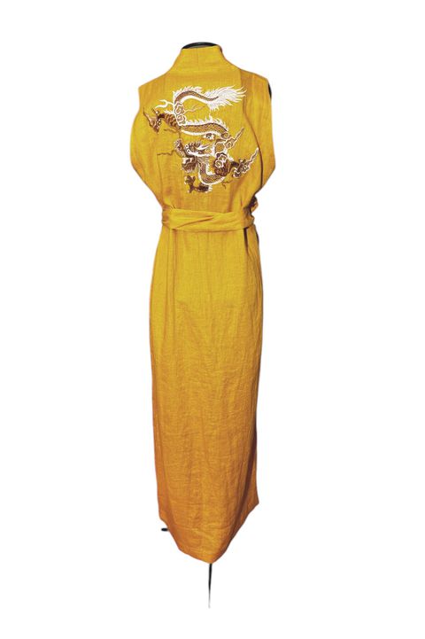 Kimono Yin Linho Amarelo-Mostarda Dragão Folk2 Ca... - Bo Eugenia Bologna