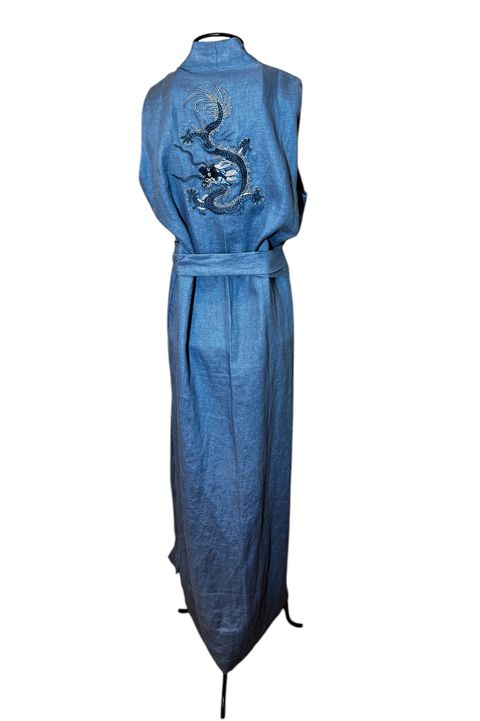 Kimono Yin Linho Denim Dragão Folk Azul-Marinho -... - Bo Eugenia Bologna