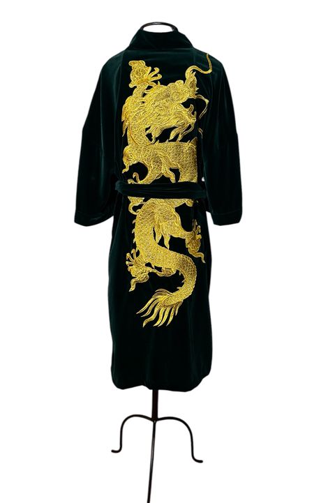 Kimono Yu Veludo Verde-Musgo Dragão Imperial Ouro... - Bo Eugenia Bologna