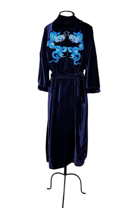 Kimono Yu Veludo Azul-Marinho Dragões Genesis Azu... - Bo Eugenia Bologna