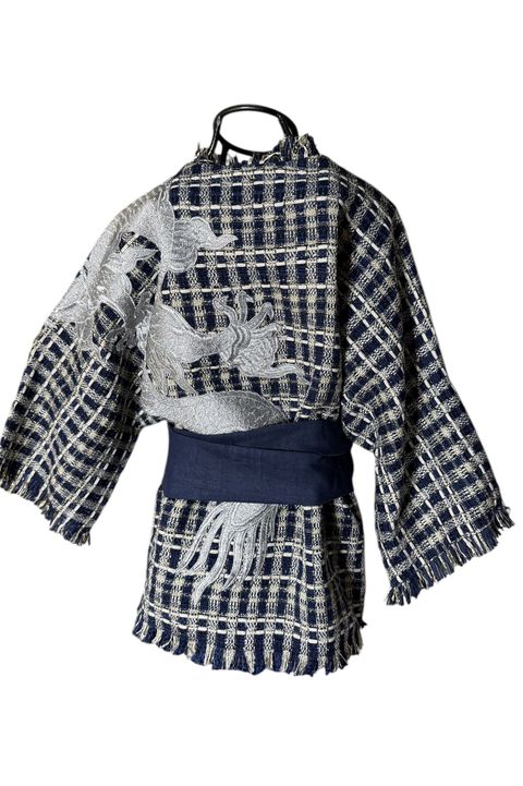 Kimono Yang Tweed Índigo Dragão Imperial Prata - 1... - Bo Eugenia Bologna
