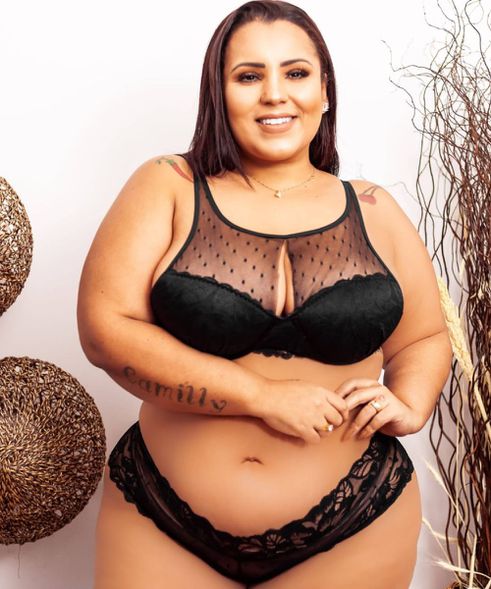 Conjunto Plus Size Tule Preto Bolinha e Caleçon Re...