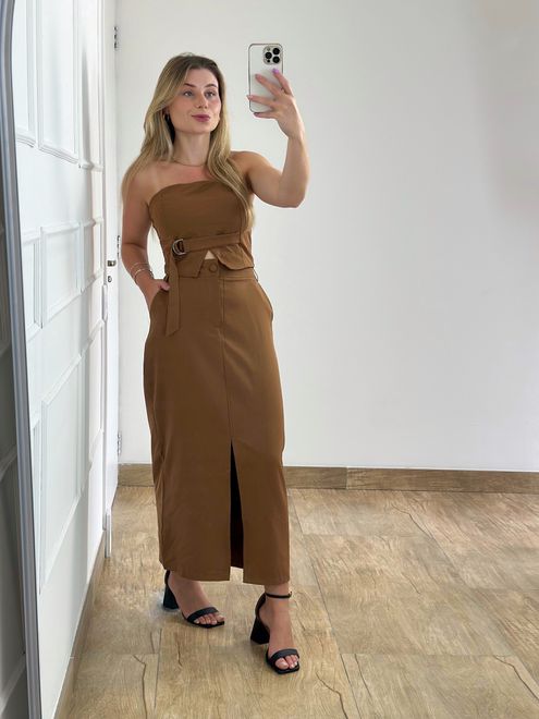 Conjunto Saia Midi E Cropped Marrom - 364769 - RAFITA MODA FEMININA