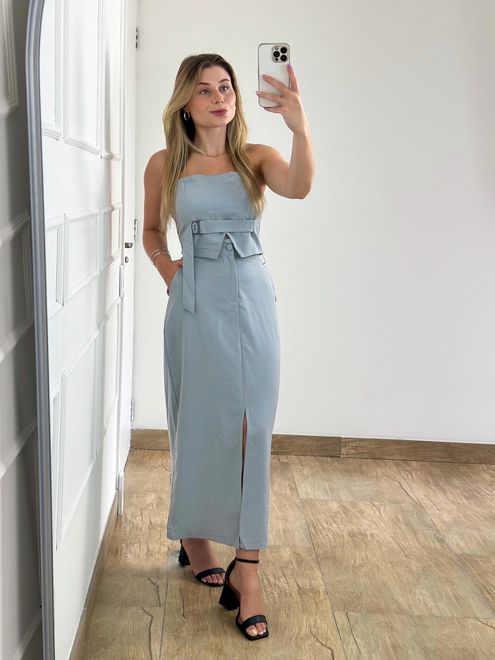 Conjunto Saia Midi e Cropped Cinza - 364768 - RAFITA MODA FEMININA