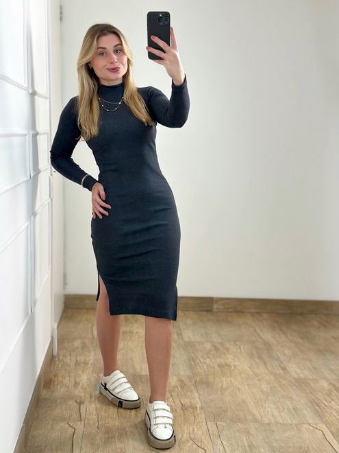 Vestido Ribana Manga Longa Chumbo - 3645845 - RAFITA MODA FEMININA