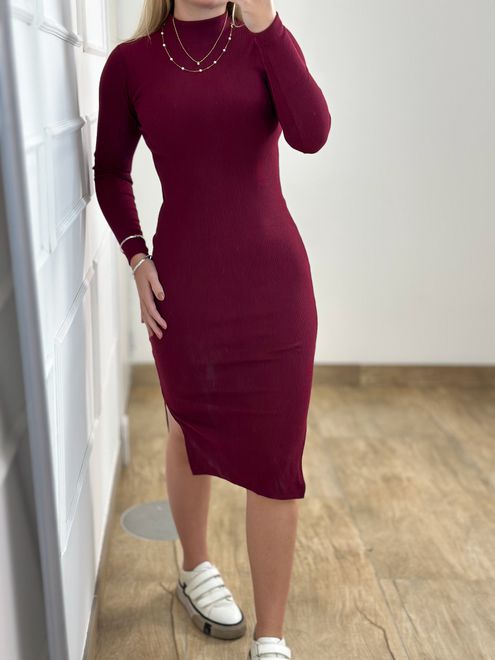 Vestido Ribana Manga Longa Marsala - 3645854 - RAFITA MODA FEMININA