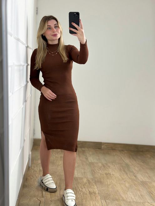 Vestido Ribana Manga Longa Marrom - 3645843 - RAFITA MODA FEMININA