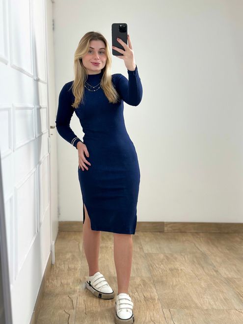 Vestido Ribana Manga Longa Azul Marinho - 3645853 - RAFITA MODA FEMININA