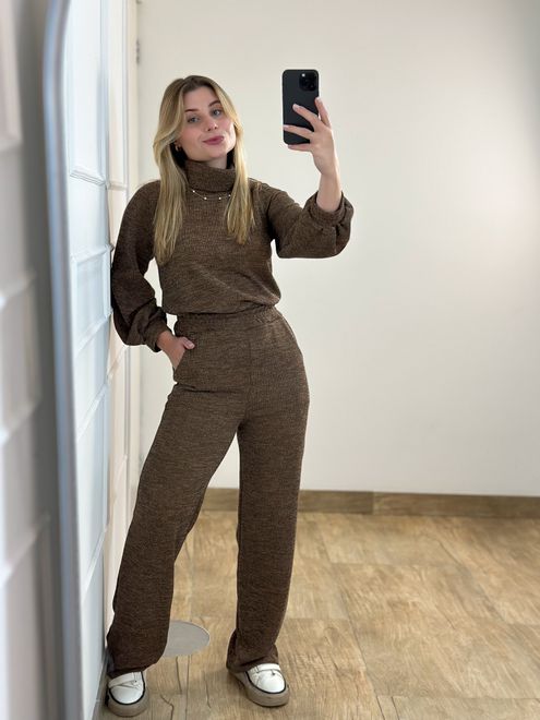 Conjunto Calça e Blusa Marrom - 3634490 - RAFITA MODA FEMININA