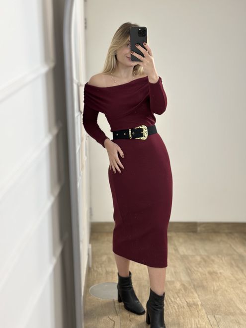 Vestido Ombro a Ombro Midi Vinho - 363952 - RAFITA MODA FEMININA