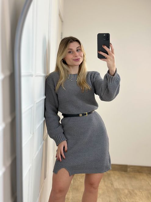Vestido Tricot Lã Mousse Cinza - 3634574 - RAFITA MODA FEMININA