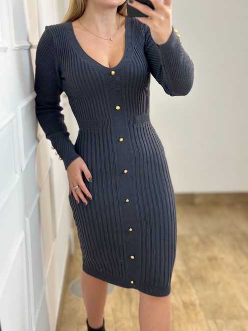 Vestido Modal Botões Chumbo - 363853 - RAFITA MODA FEMININA