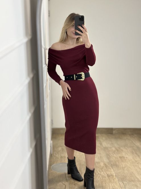 Vestido Ombro a Ombro Midi Vinho - 363952 - RAFITA MODA FEMININA