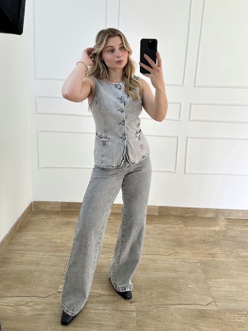 Calça jeans Wide Leg Cinza - 125487135 - RAFITA MODA FEMININA