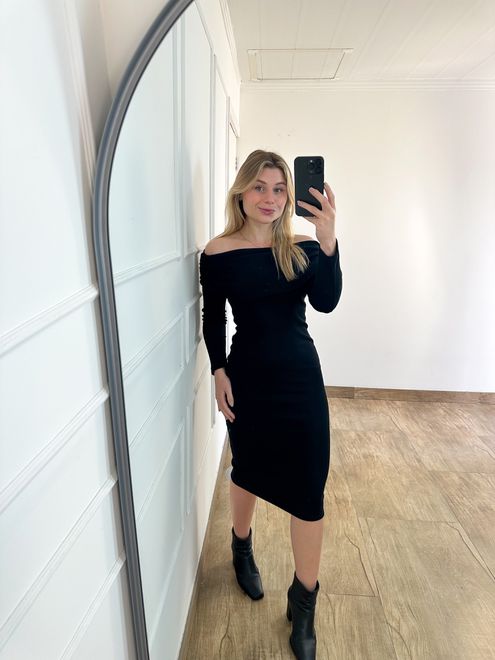 Vestido Ribana Midi Ombro a Ombro Preto - 12548798 - RAFITA MODA FEMININA