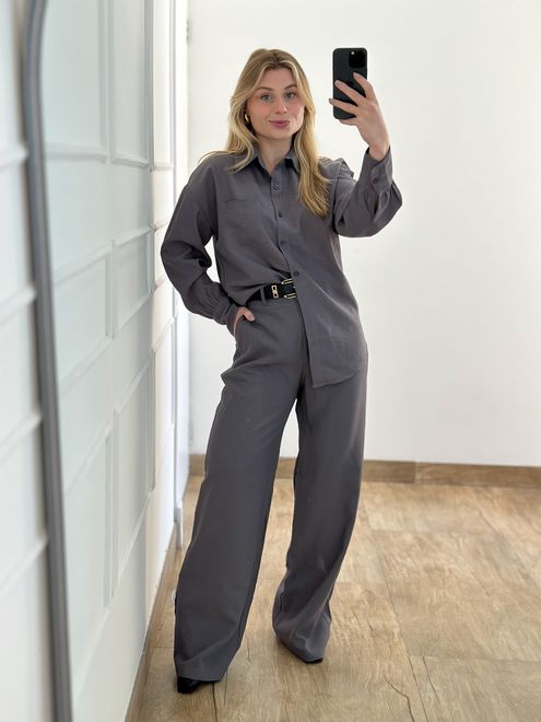Conjunto Alfaiataria Calça e Camisa Cinza - 363950 - RAFITA MODA FEMININA