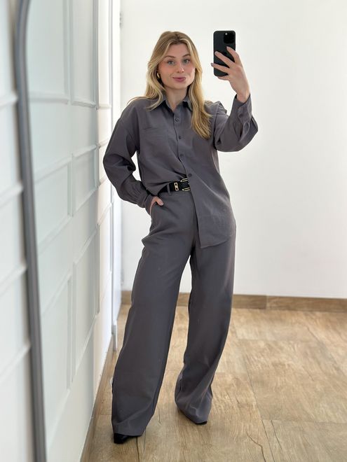 Conjunto Alfaiataria Calça e Camisa Cinza - 363950 - RAFITA MODA FEMININA