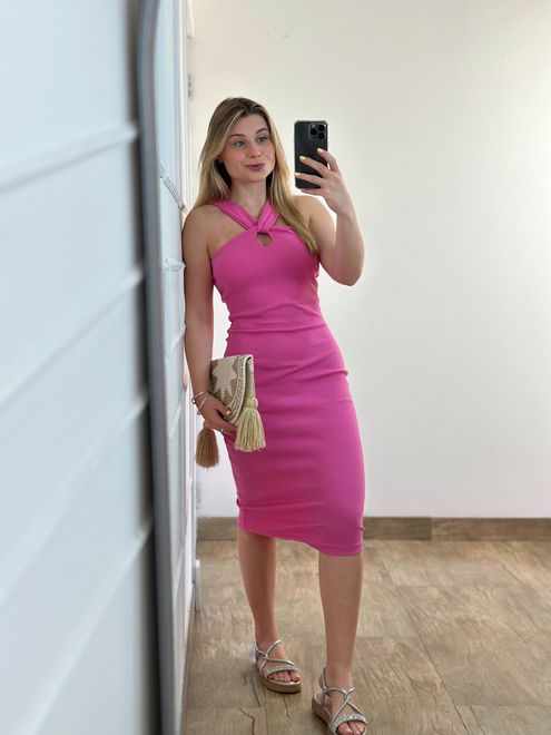 Vestido Ribana Midi Rosa - 387842 - RAFITA MODA FEMININA