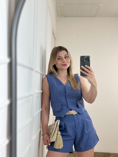 Conjunto Short e Colete Azul - 387950 - RAFITA MODA FEMININA