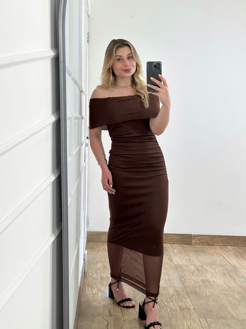 Vestido Tule Ombro a Ombro Marrom - 125488131 - RAFITA MODA FEMININA