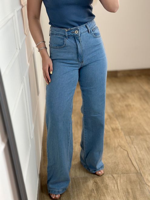 Calça jeans Wide Leg Lavagem Média - 125488180 - RAFITA MODA FEMININA