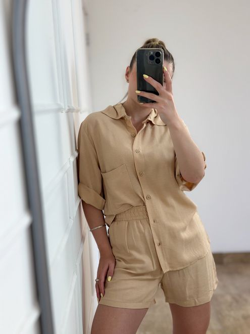 Conjunto Linho Short e Camisa Bege - 387766 - RAFITA MODA FEMININA