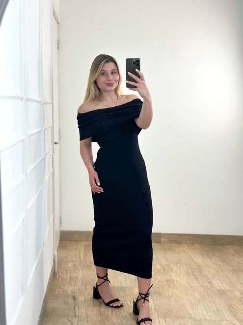 Vestido Ribana Ombro a Ombro Preto - 387772 - RAFITA MODA FEMININA