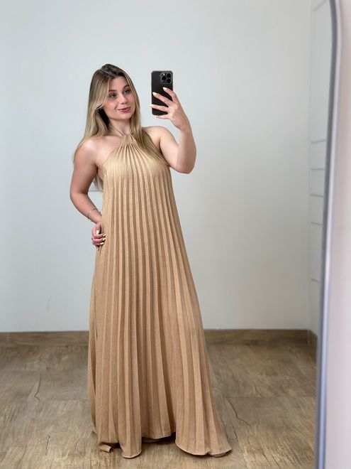 Vestido Longo Plissado Nude - 388490 - RAFITA MODA FEMININA