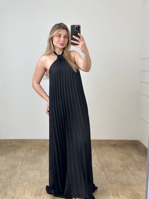 Vestido Longo Plissado Preto - 388491 - RAFITA MODA FEMININA
