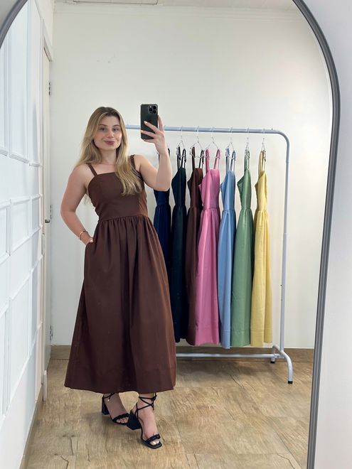 Vestido Midi Linho Marrom Café - 388547 - RAFITA MODA FEMININA